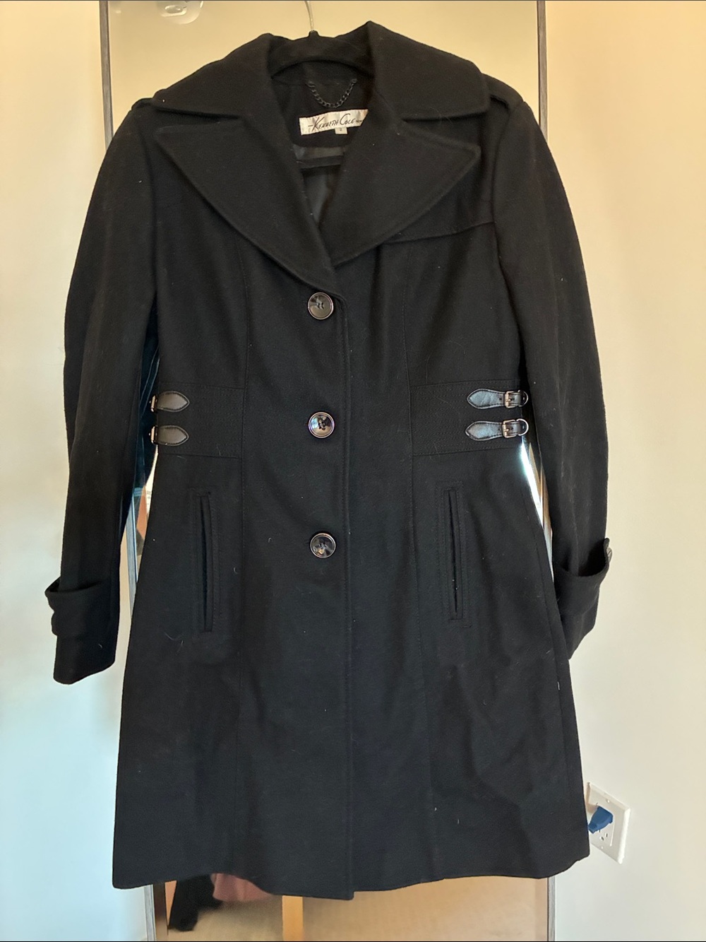 Kenneth Cole New York Black Wool Trench Coat with Side Buckles